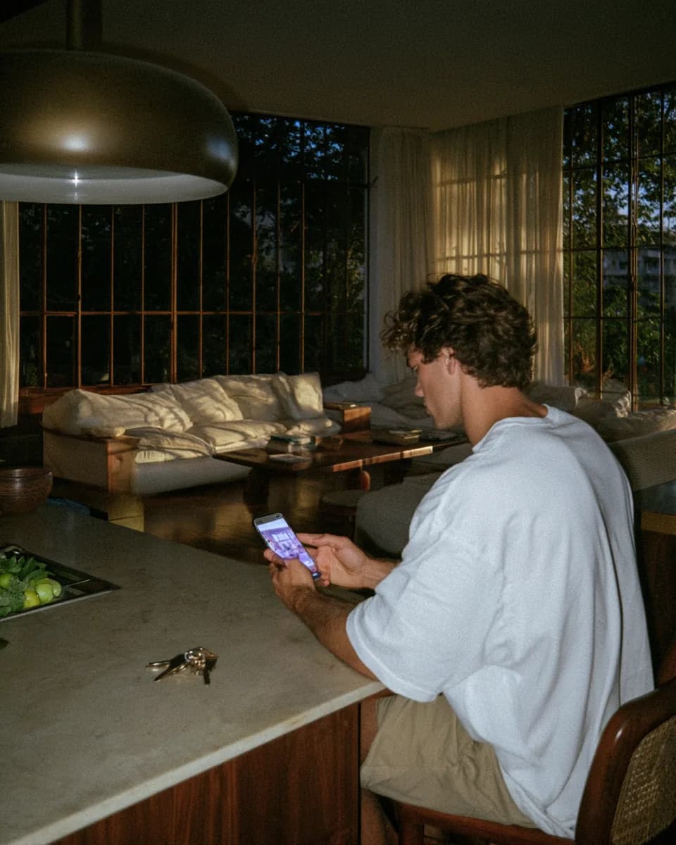 A host at a kitchen counter, phone in hand, keys on the counter
