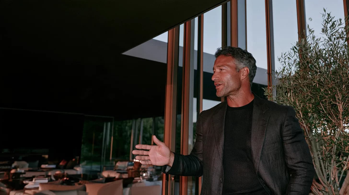 A real estate coach mid-sentence in a furnished apartment, explaining with both hands