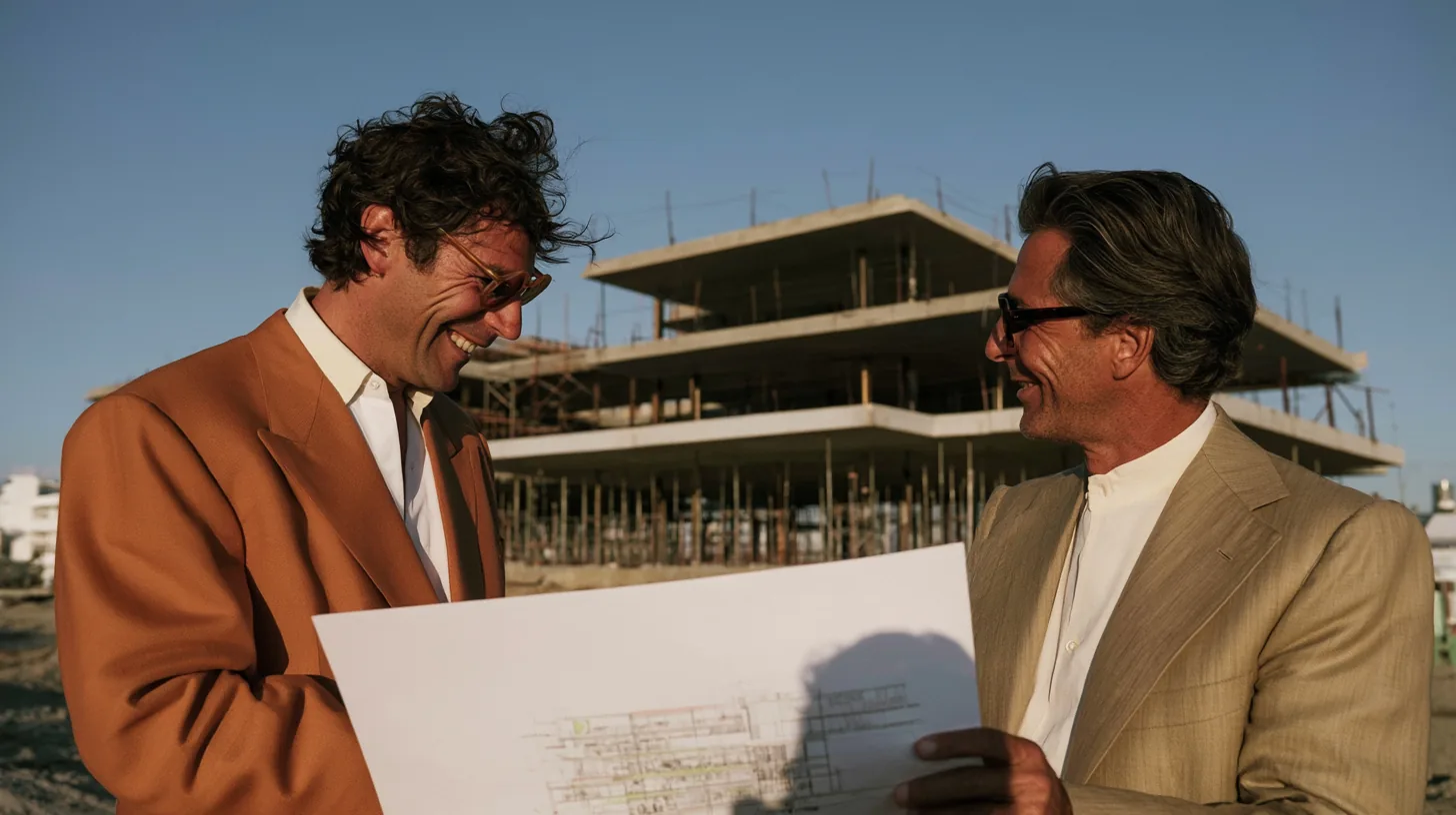 Two developers reviewing plans on a building site