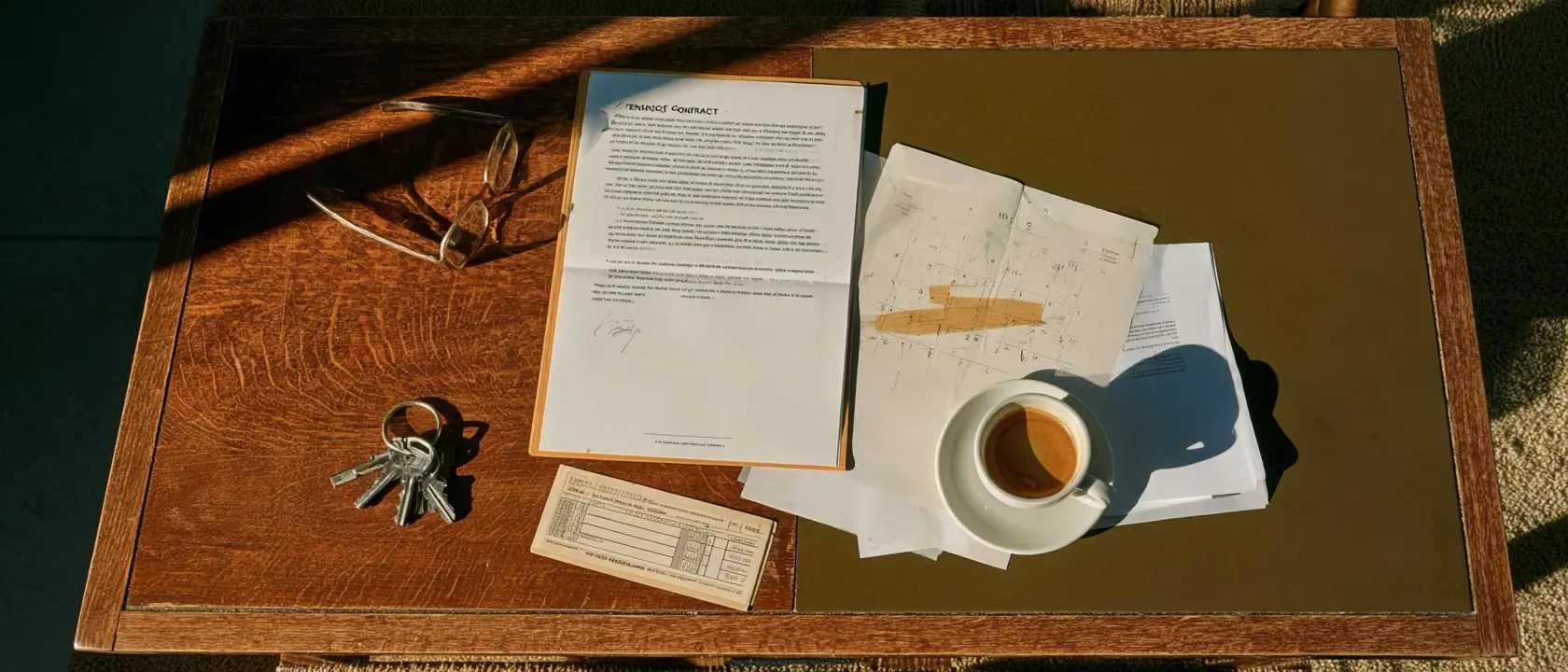 A rental contract, a set of keys, a deposit slip and a cold espresso on a desk