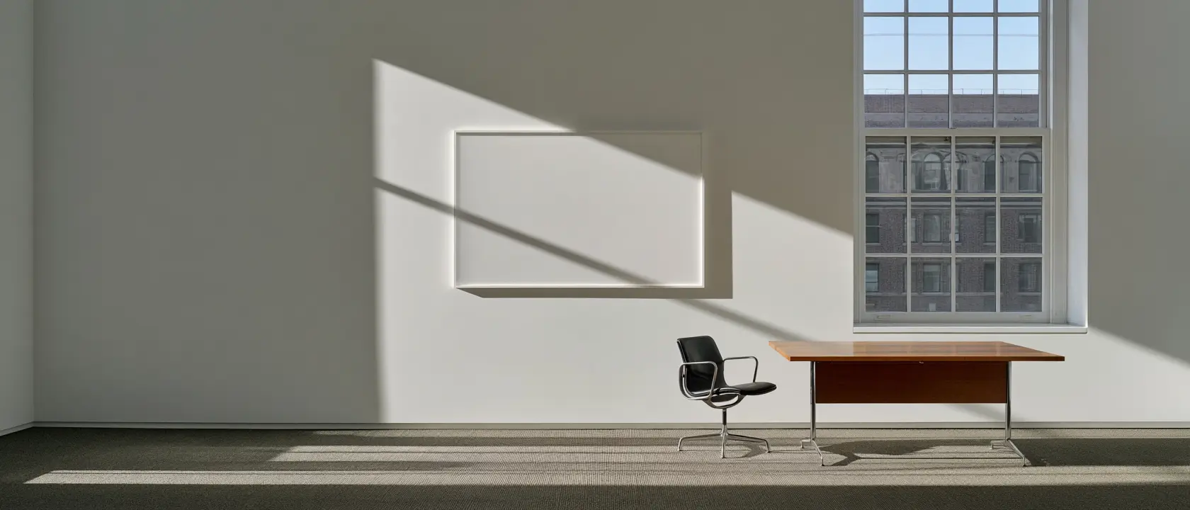 One empty chair at a desk, waiting for its next occupant