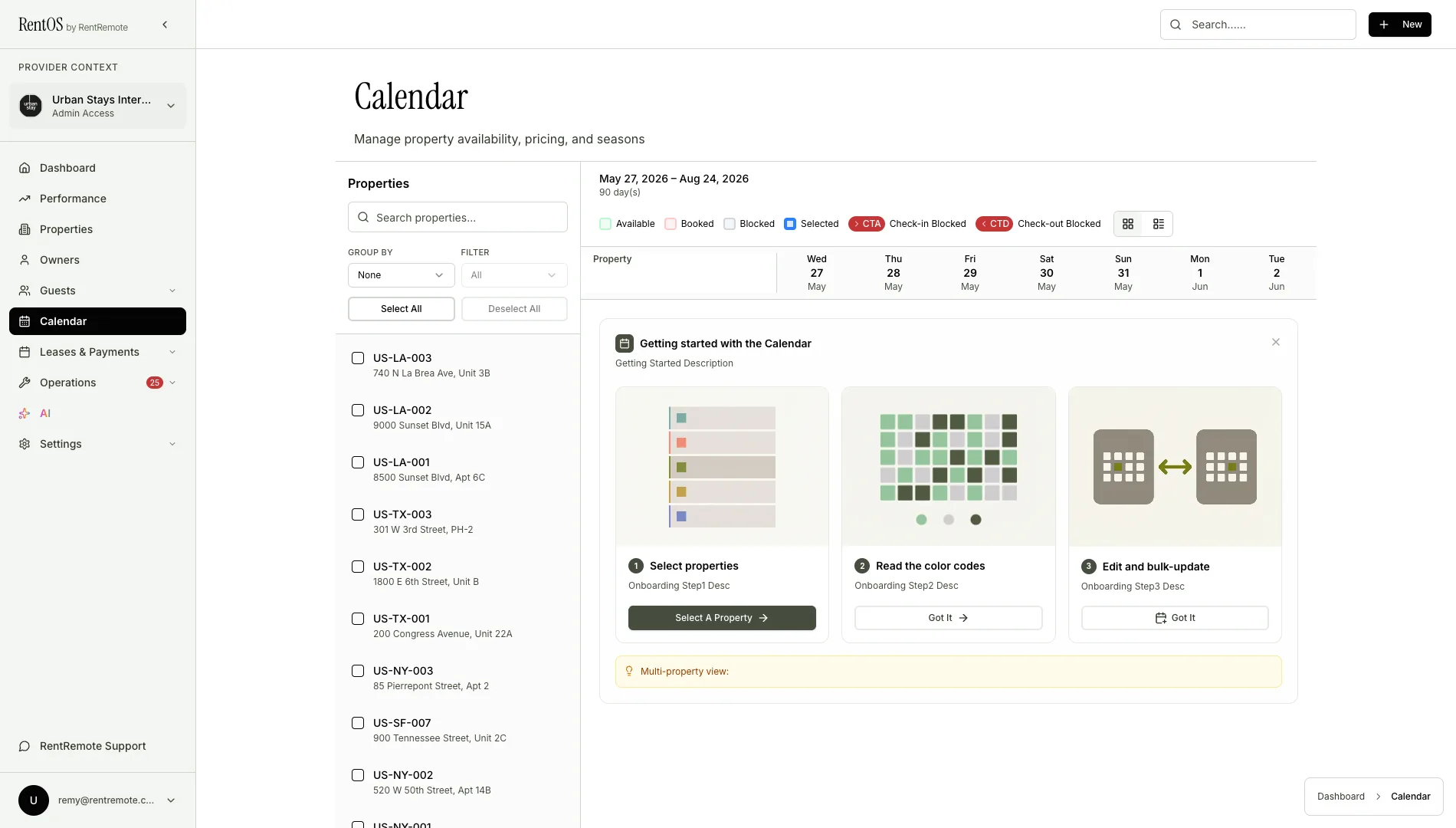 RentRemote calendar showing multi-property 30-day booking windows