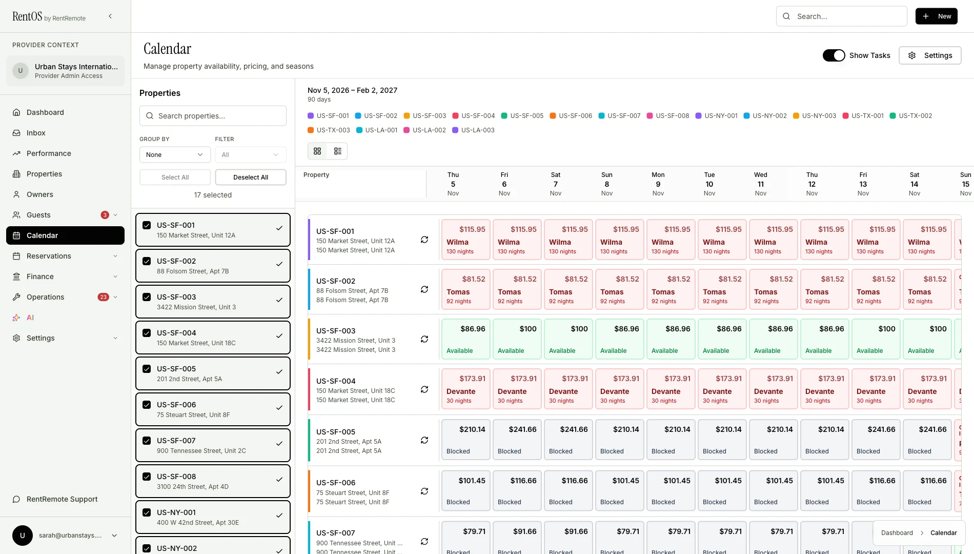RentRemote calendar showing multi-property 30-day booking windows