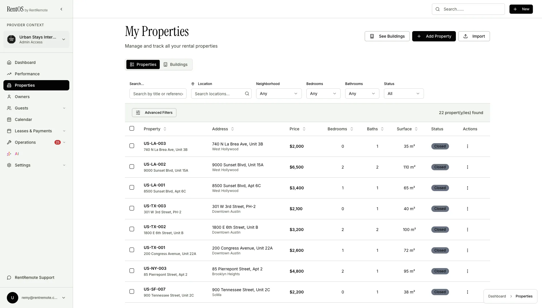 RentOS property list showing every unit of a building imported and ready to manage