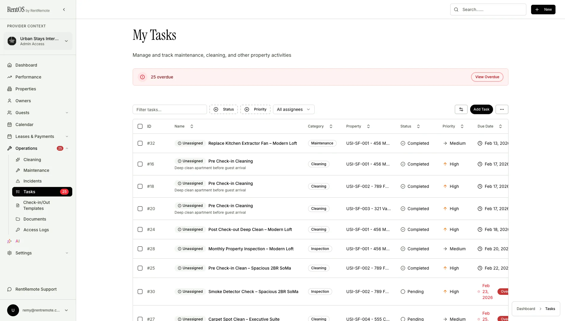 Building-wide and per-unit tasks assigned to team members and contractors