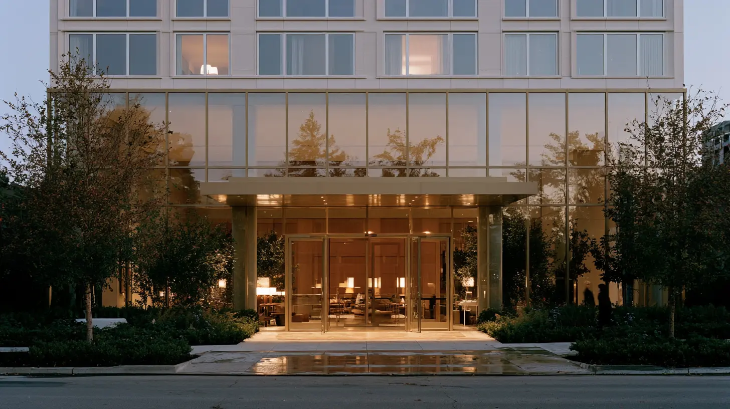 The building at dusk, ready