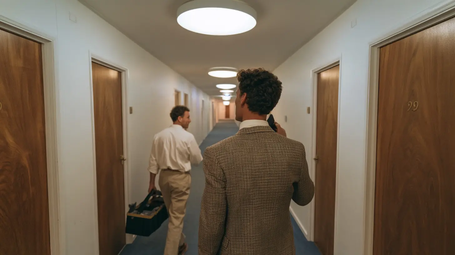 A building manager and a technician walking a residential corridor