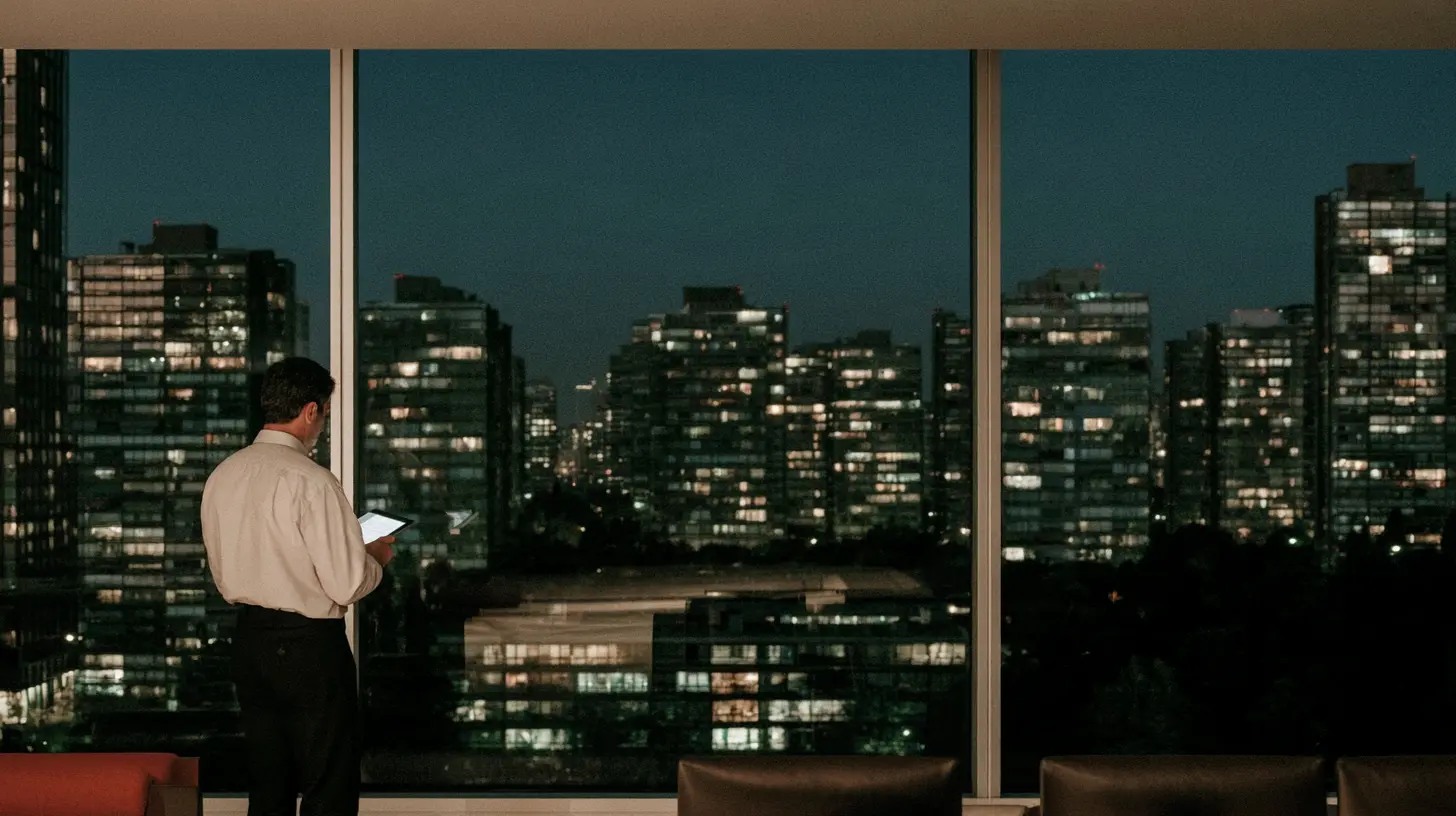 An operator at a high window over the city, tablet in hand