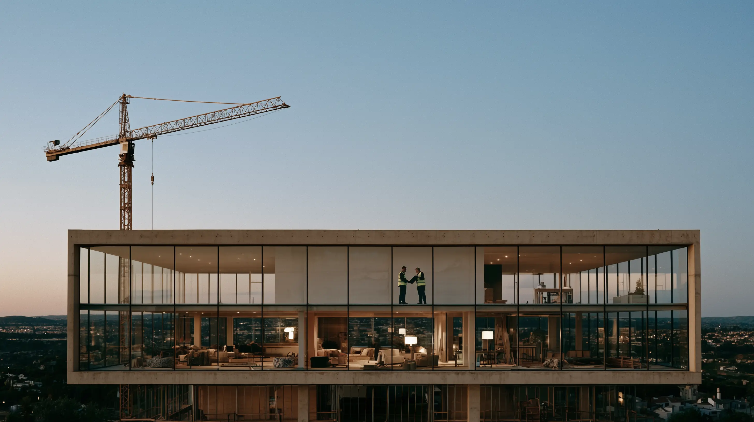 A nearly finished residential building at dusk