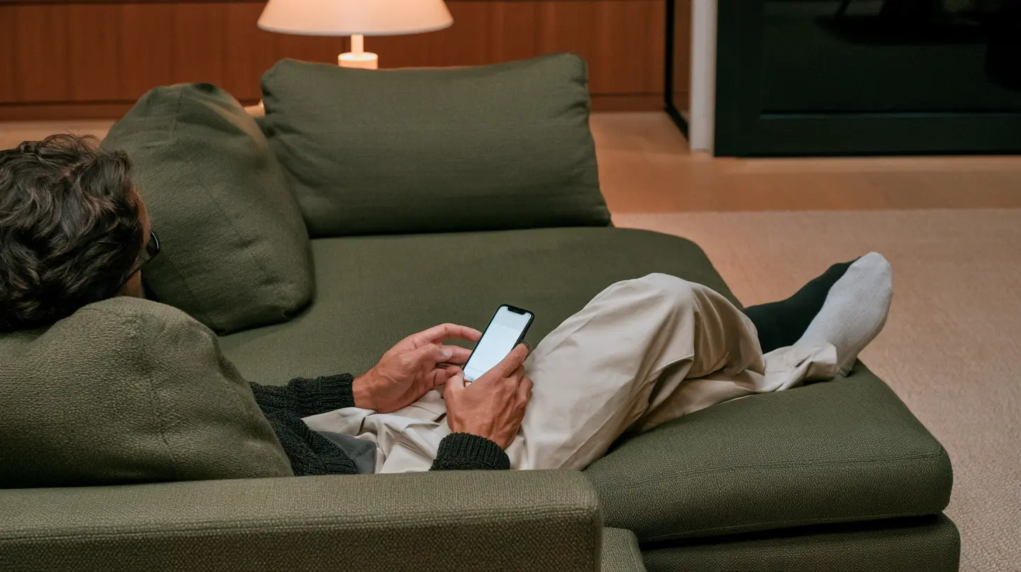 Two hands holding a phone in a dark living room, the screen turned away.