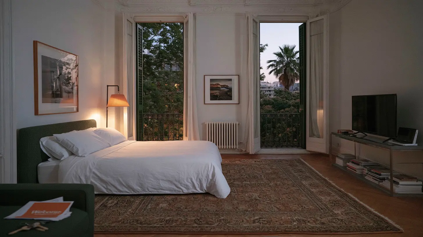 A furnished apartment at night, ready for tomorrow's guest, one lamp on.