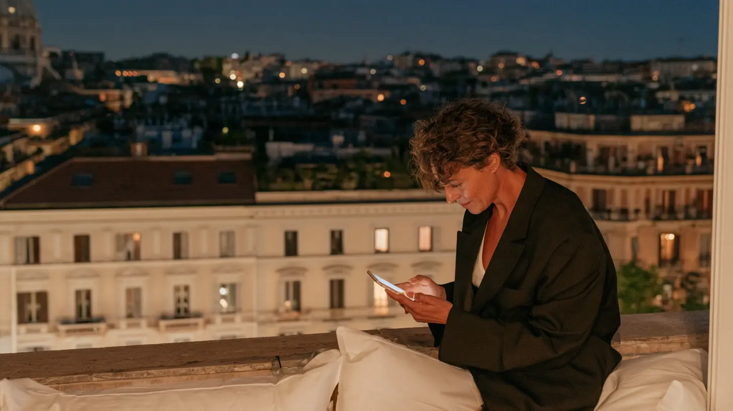 A property manager on a dark balcony at night, reading her phone.