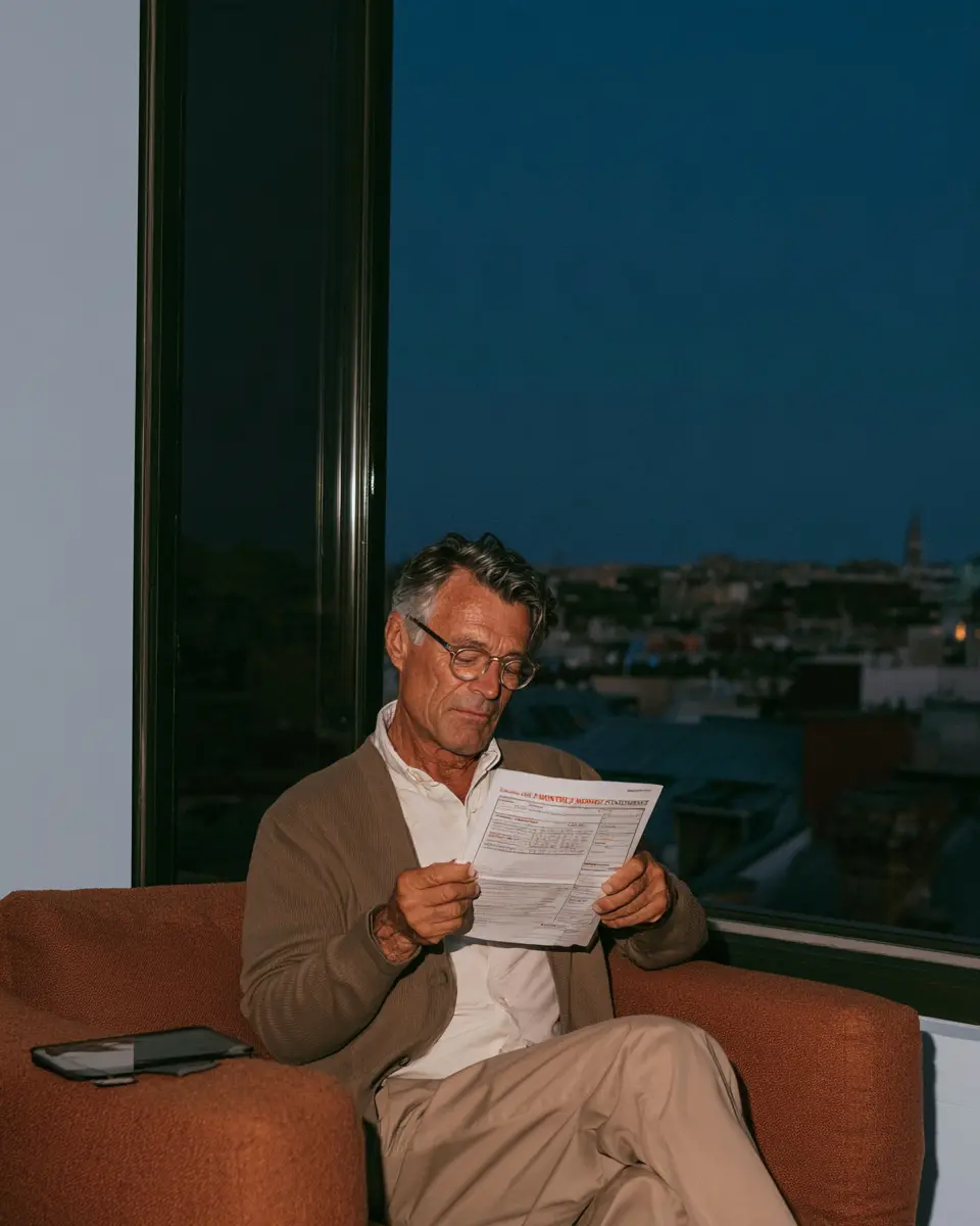 An older owner by a tall window at dusk, reading a printed statement.