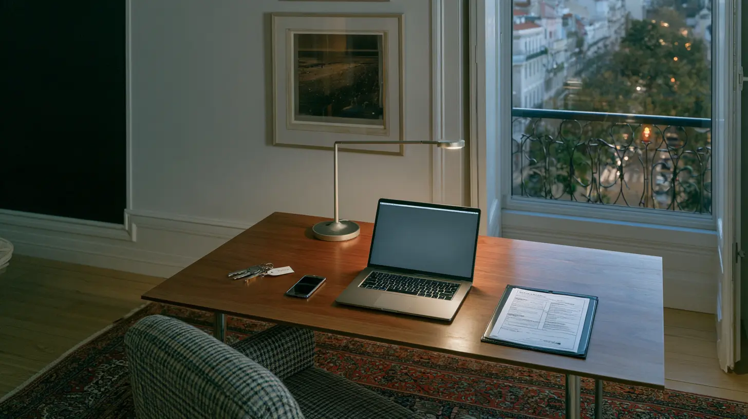 A laptop, a phone, keys and a lease on a desk in an unlit apartment at night.