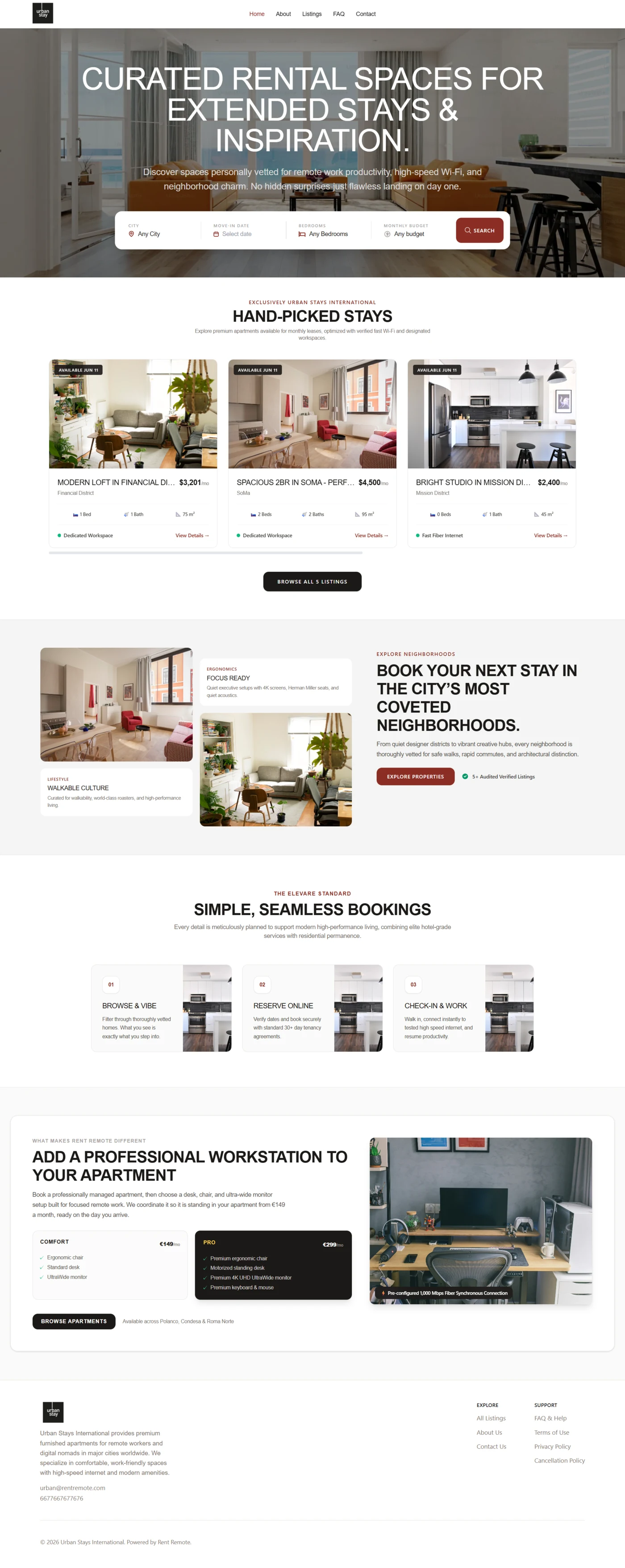 Full-page capture of the Urban Stays International storefront built with RentOS Websites: header with the operator's logo, a hero with a search bar for city, move-in date, bedrooms and monthly budget, hand-picked stays, neighbourhoods, a three-step booking process, a workstation offer and a footer that reads Powered by Rent Remote.