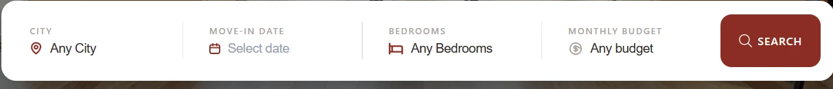 The storefront search bar with four fields: City, Move-in date, Bedrooms and Monthly budget, and a Search button.