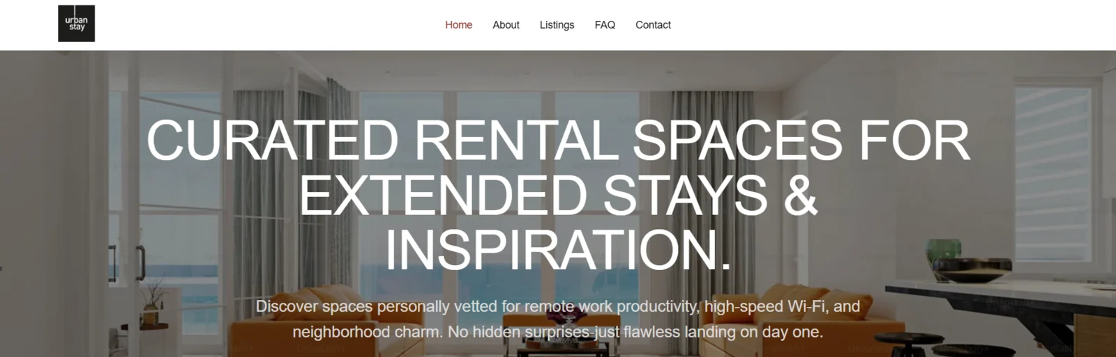The top of the Urban Stays storefront: the operator's logo in the header, the navigation Home, About, Listings, FAQ, Contact, and the hero headline Curated rental spaces for extended stays and inspiration over a photograph of a furnished apartment.